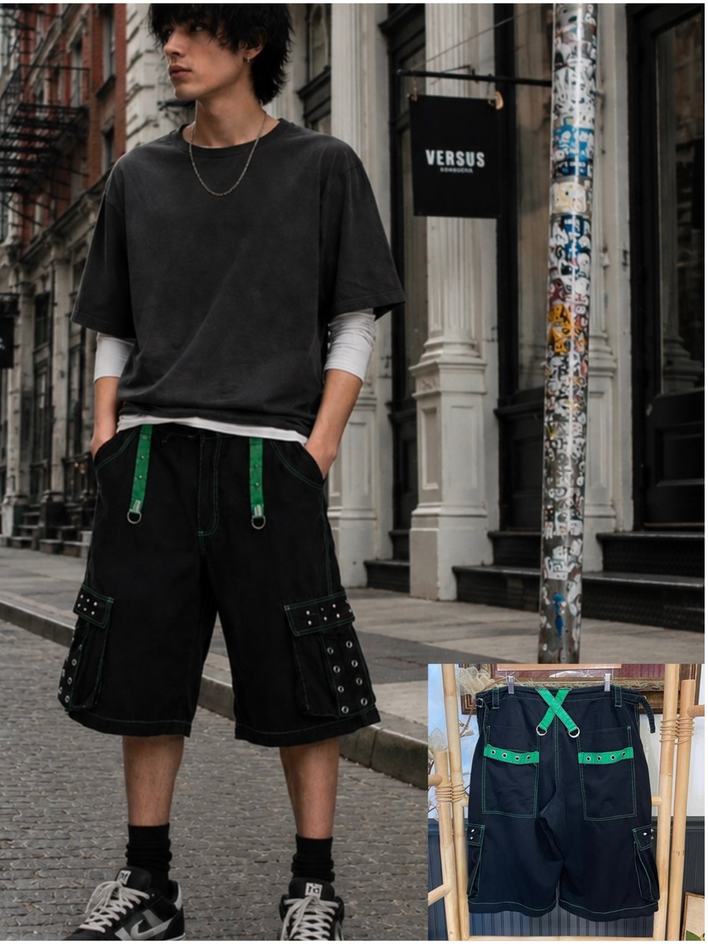 Vintage Tripp NYC Bondage Industrial Goth Cargo Shorts Green Stitching - Sz L 🧡🎀